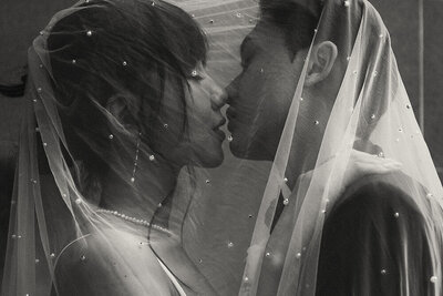 Intimate black-and-white Sunshine Coast wedding photo of a couple kissing beneath a pearl-dotted veil.