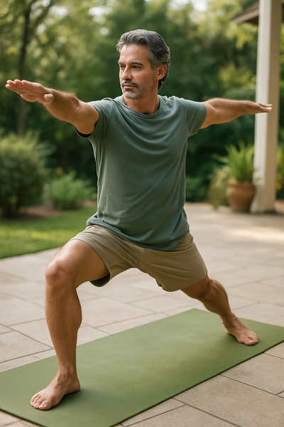 middle aged man does warrior pose outside on the patio