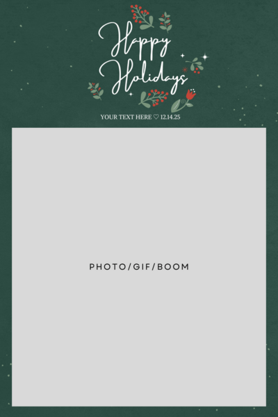Green vertical photo layout with “Happy Holidays” script and winter accents.