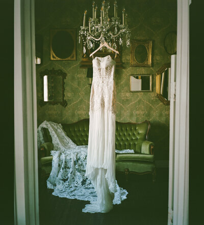 Medium format film photograph of bride's dress captured by California editorial wedding photographer.