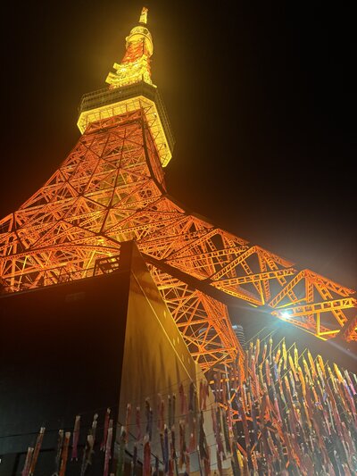 Tokyo Tower glowing in warm orange lights against the night sky, highlighting iconic city views in Tokyo.