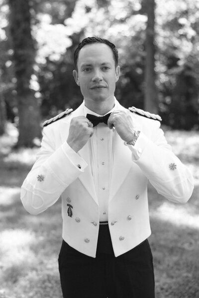 Black and white portrait of groom at Nashville wedding