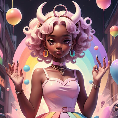 Pink hairs girl with horns with a pastel rainbow dress