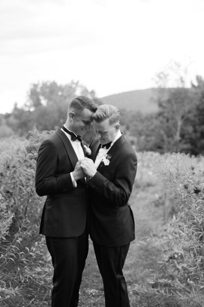 A couple stands holding hands in a field in Hudson Valley.