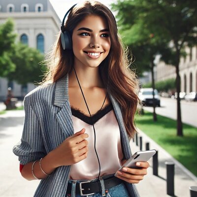 a 20 year old eyelash technician walking outdoors while listening to a podcast on her headphones. She has a relaxed and happy expression