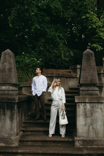 Engagement session of stylish couple at Swan House.