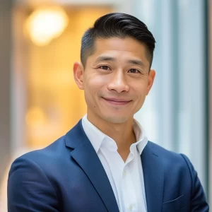 Corporate professional headshot of man in white shirt and blazer with serious expression studio background new york.