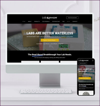 Mockup of a science-themed business website for Lab Armor, with a clean layout, dark hero banner, and desktop and mobile previews