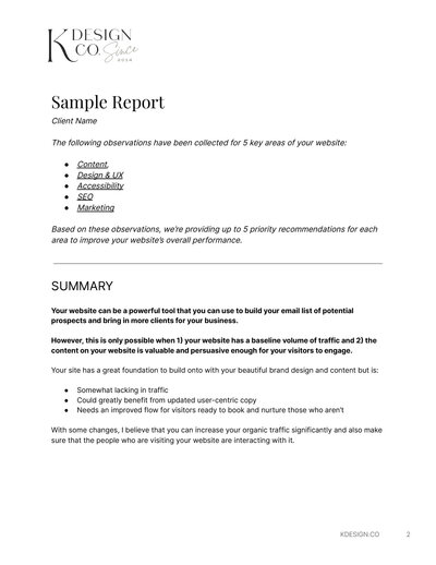 website audit report findings from a sample report