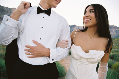 Film wedding photo of a bride and groom in Red Rock Canyon