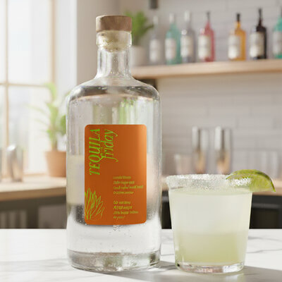 Tequila Friday branding shown on a tequila bottle in a light and bright bar setting.
