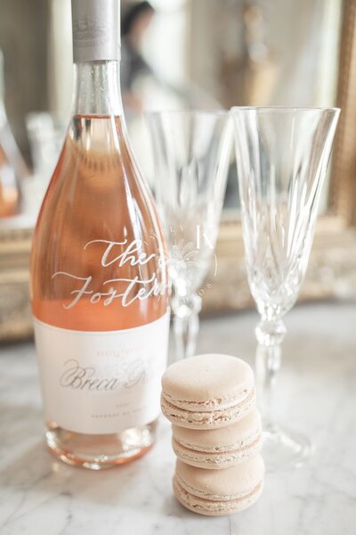 Personalized engraved bottle of rose for wedding at Bois Dore Mansion in Newport, Rhode Island