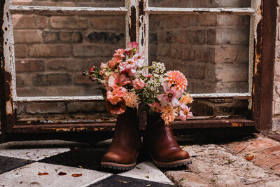 Close-up of flowers arranged in boots during florist branding session in Austin, TX.