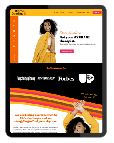 Ipad featuring the Retro Sunshine Showit website template page for women therapists and entrepreneurs.