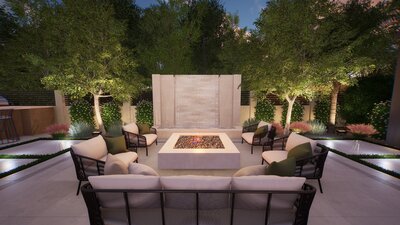 Luxury waterfront backyard with modern infinity pool, firepit seating area, and boat dock.