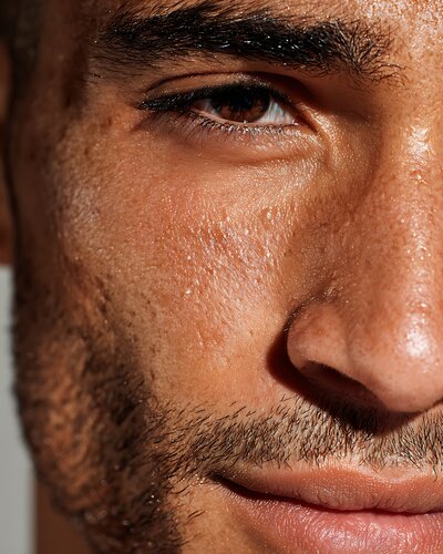 Close-up of attractive Latino man's face, skin & beard