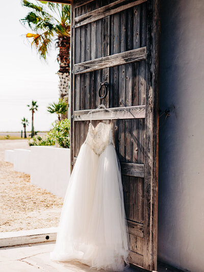 A strapless wedding dress hangs off of a hook on a barn door. The dress has a silver belt around the waistline. The barn door opens to a view of palm trees and greenery. The image was taken by a Denver wedding photographer.