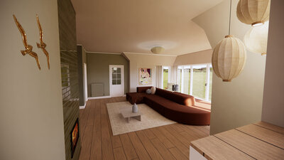 Interieurontwerp  realistische 3d tekening met grote terracotta kleurige bank in de woonkamer