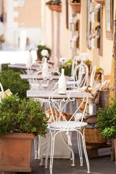 A quaint outdoor café with white wrought iron chairs and tables, adorned with potted green plants and simple white vases with flowers. The sunlit setting is inviting, with a rustic wall in the background.