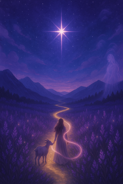 Shining bright north star guiding woman and goat walking along golden path into the purple night sky, representing the Animal Communication Course. 