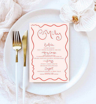 Poeme menu in rosa waves, with red print