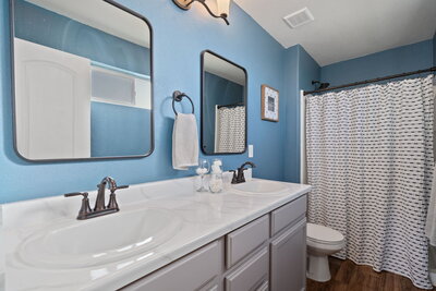 Blue bathroom with double sinks in fort collins home