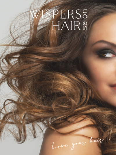Left side of a woman's face with large brown hair curls showing how logo can be adapted to a different business.