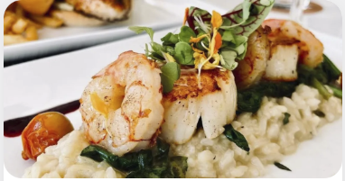 image of creamy risotto with shrimp, scallops, and micro greens at shore longboat key, sarasota florida.