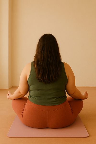 Woman with brown hair sits in a lotus pose facing away from camera 