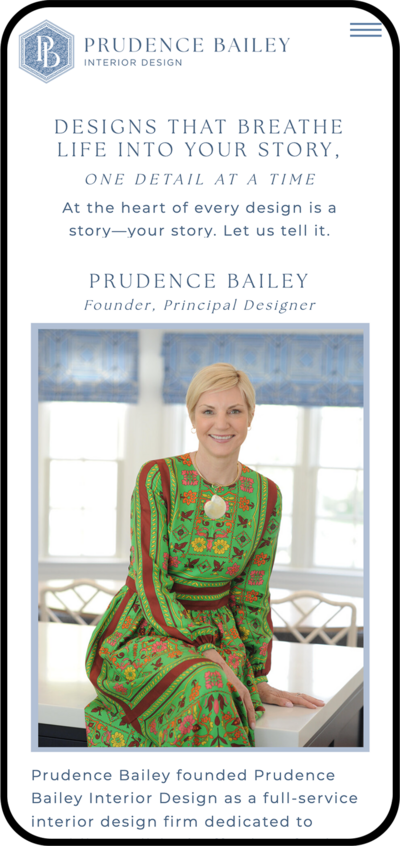About page featuring a photo of Prudence Bailey and about bio copy.