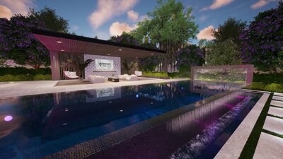 Luxury pool design with vanishing edge and custom water feature.