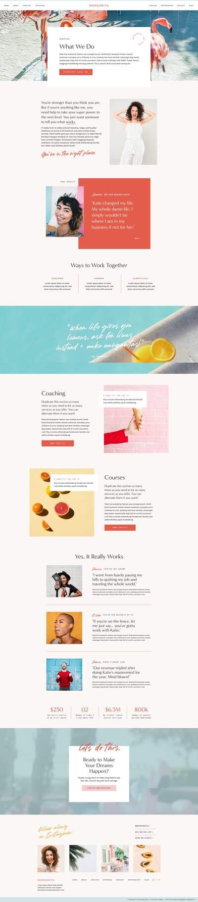 A webpage with a header at the top, followed by sections featuring text, images of people, office supplies, and colorful items. It includes testimonials, a resource list, and a call to action for a launch course. Perfect for showcasing small business website design services.