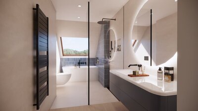 realistisch 3d interieurontwerp met houten eettafel en stoel van Studio Henk met stalen pui in het wit als afscheiding naar de woonkamer op een betonlook gietvloer