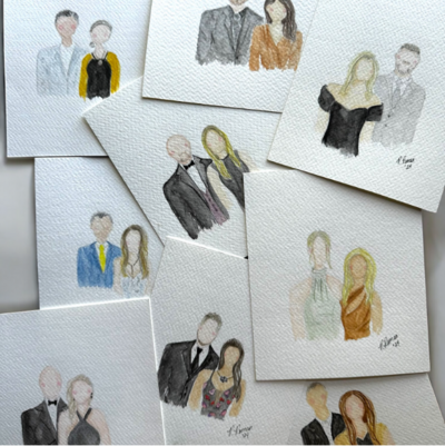 9 stacked  mini faceless portraits of wedding guests.  They are couples dressed in formal attire