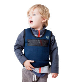 young boy wearing dark blue weighted vest