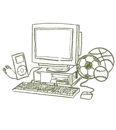 An artistic illustration of a computer and mouse surrounded by other tech gadgets, representing a modern digital environment.