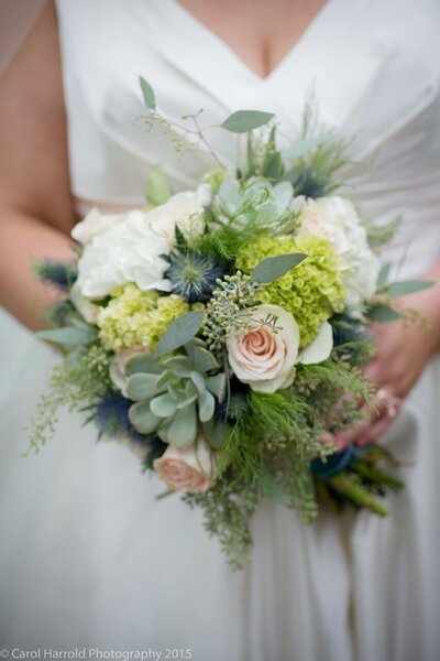 Green, white, and blue bridal bouquet