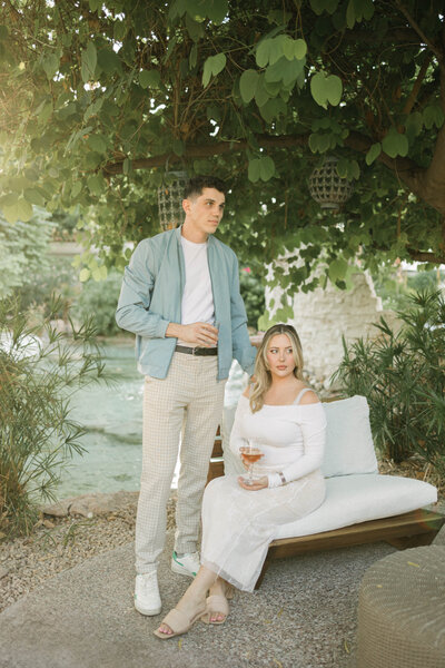 A vacation-inspired engagement session at The Scott Resort in Scottsdale, Arizona, featuring warm tones and editorial, laid-back luxury. Photographed by Alexia Rodriquez, a destination wedding and engagement photographer capturing effortless, refined love stories across the U.S.