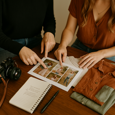 Hands of a photographer and client planning a portrait session with clothing, notes, and inspiration photos on a wooden table, captured in natural light.