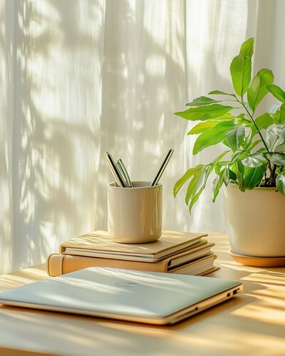 Styled workspace scene with natural light and minimal design for calm productivity.