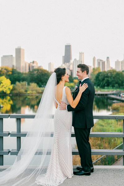 Wedding Photo at Wrigley Plaza in downtown Chicago