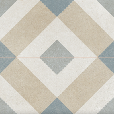 Patterned tile with blues and neutrals.