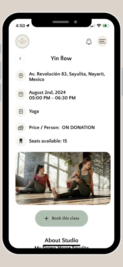 Class details screen in EnForma App with teacher, time, and description