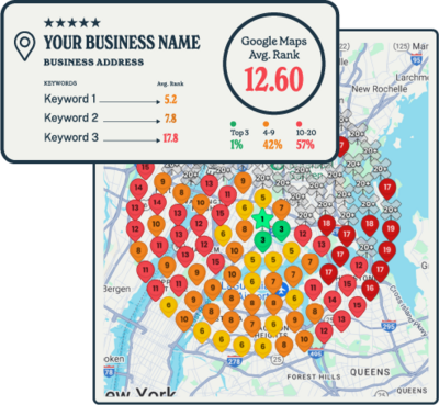 Example Google Maps visibility scan showing keyword rankings and map coverage for a local business.