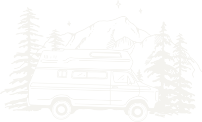 travel van in front of mountains and pine trees illustration