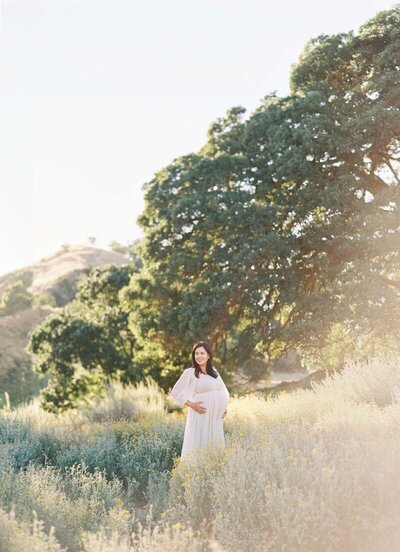 pregnant woman in flowing dress in front of trees in San Francisco