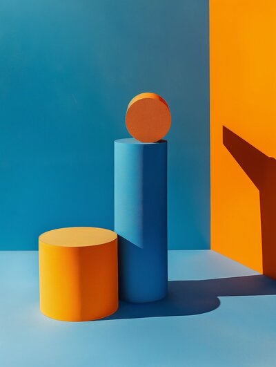 geometrické podstavce v sytých barvách oranžové a modré, stojící na modrém pozadí, za nimi je modré a oranžové pozadí