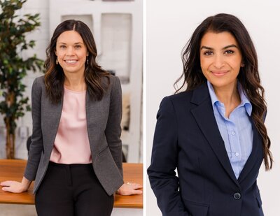 different headshot style 2 women one lifestyle in office one formal corporate in front of white backdrop Atlanta Laure Photography