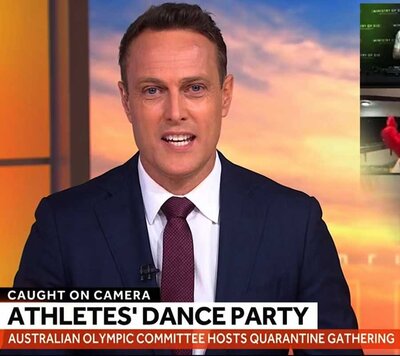 TV news anchor reporting on the Australian Olympic Committee’s athlete dance party during quarantine
