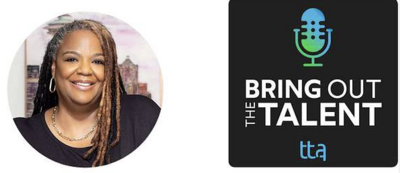 TTA's Bring out the talent podcast logo stylized with blue and green microphone